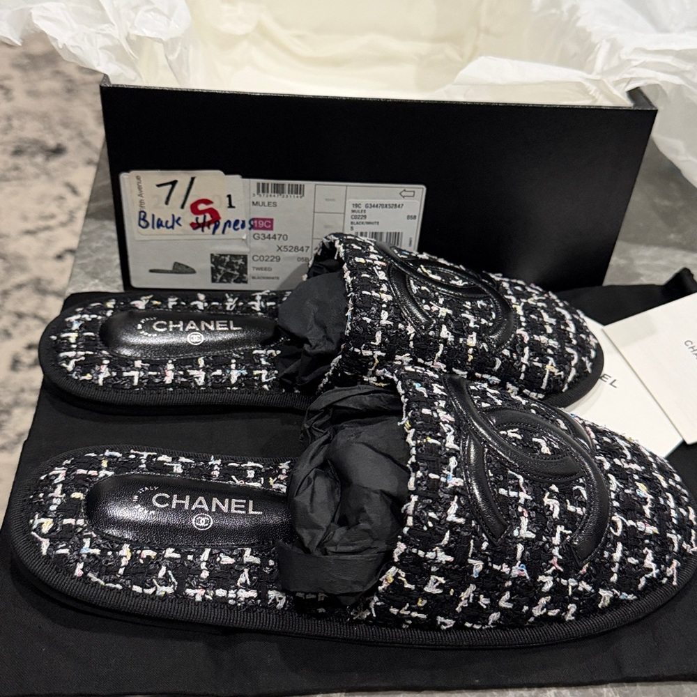 Chanel Black and White Tweed slippers